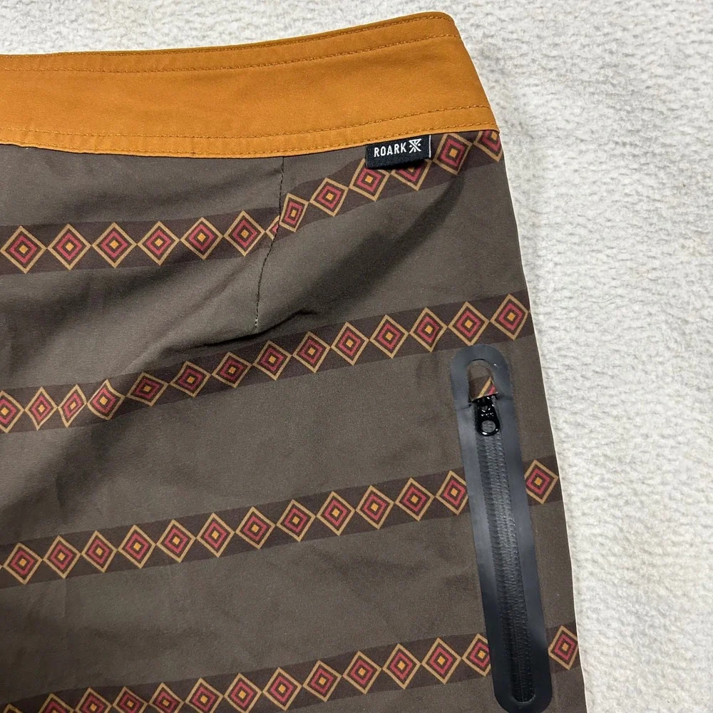 Roark The Passage Boardshorts Mens 28 Brown Geometric Stripe Stretch Swim Trunks